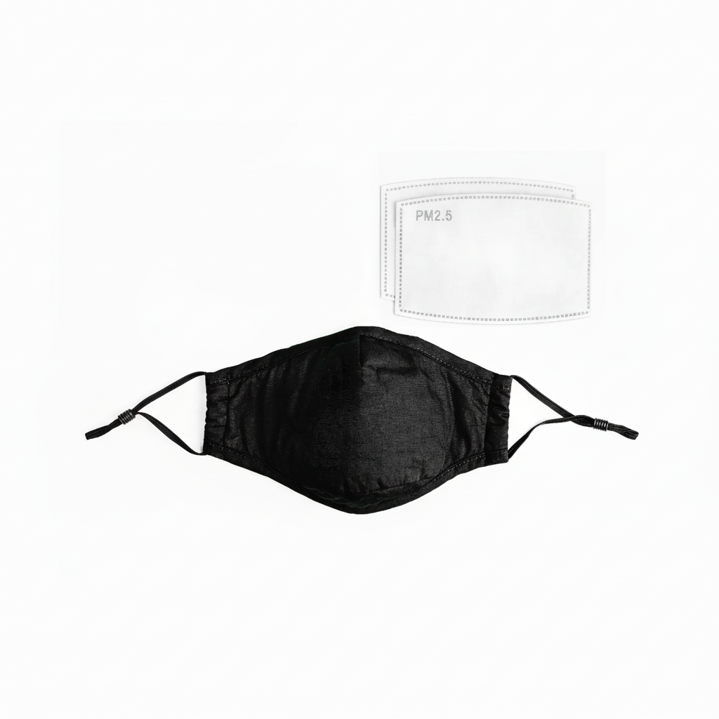 Black face mask with a white filter labeled 'PM2.5' on a white background