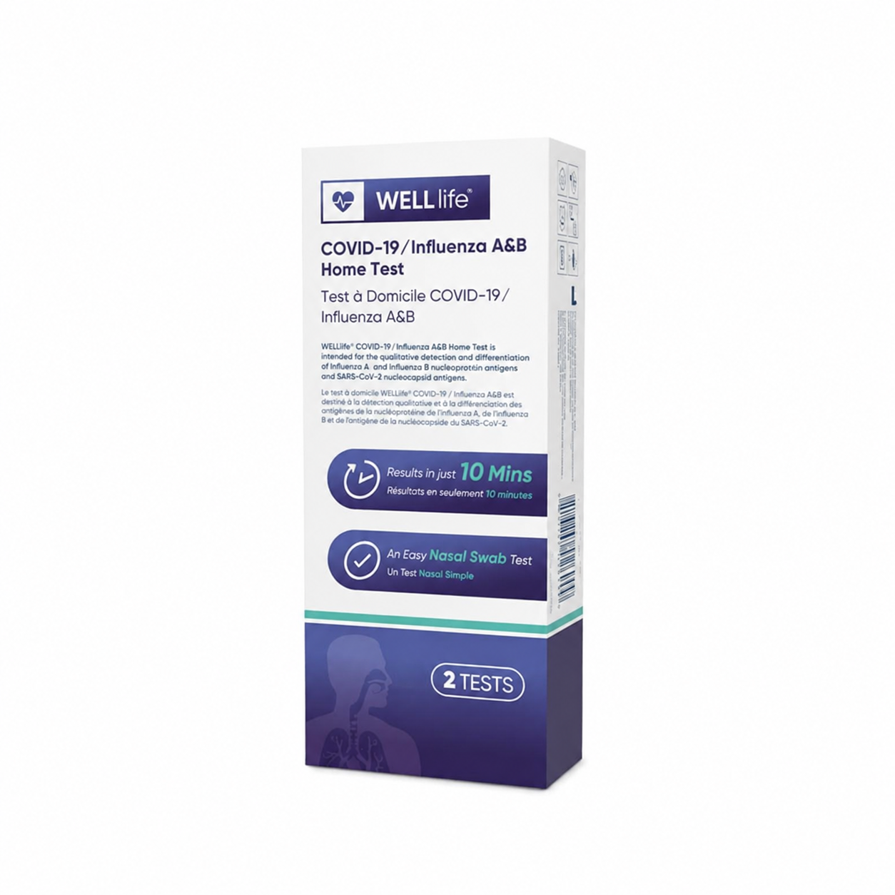 A box of WELL life COVID-19 and Influenza A&B Home Test, featuring a white and dark blue design with product details and test icons, set against a plain white background.