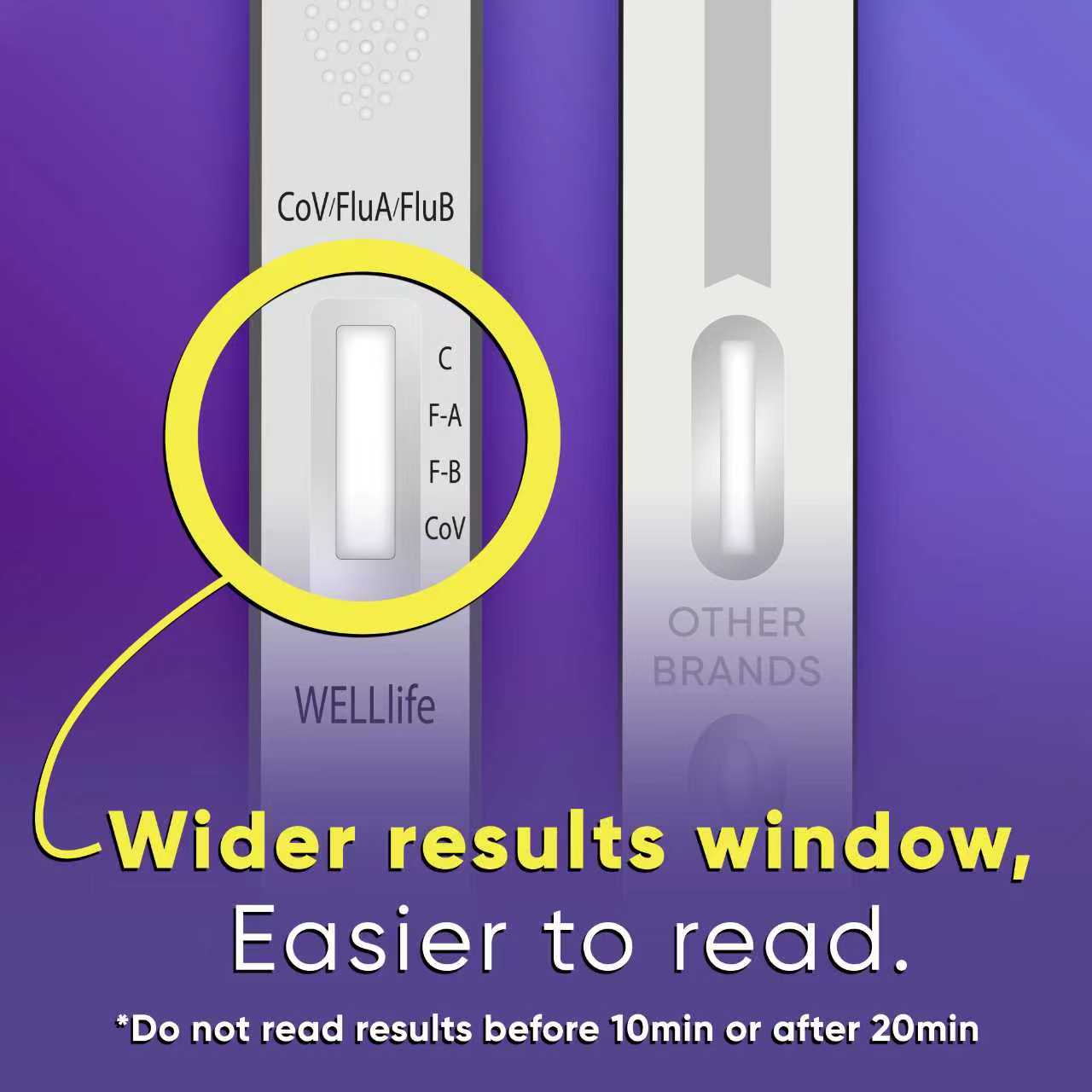 WellLife test strip with a wider results window on a purple background
