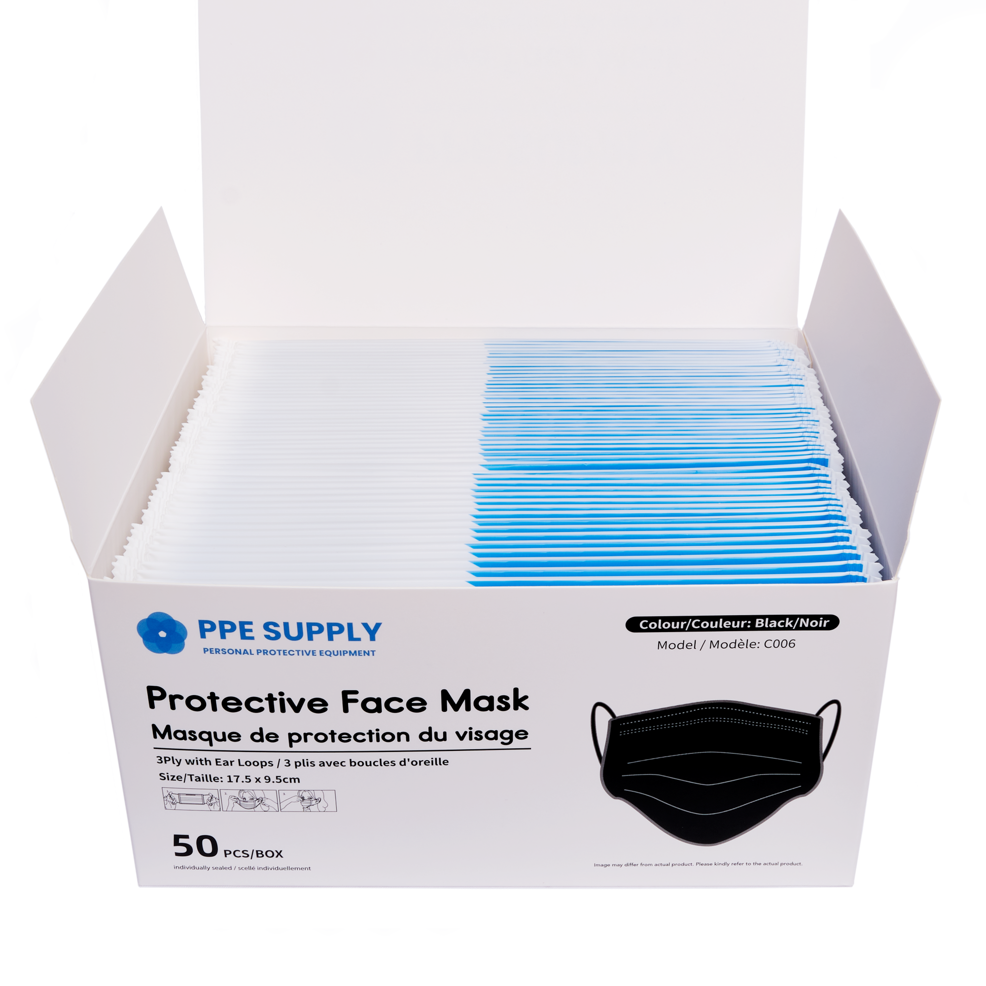 Black Disposable Face Mask Each Individually Sealed by PPE Supply (50 Masks)