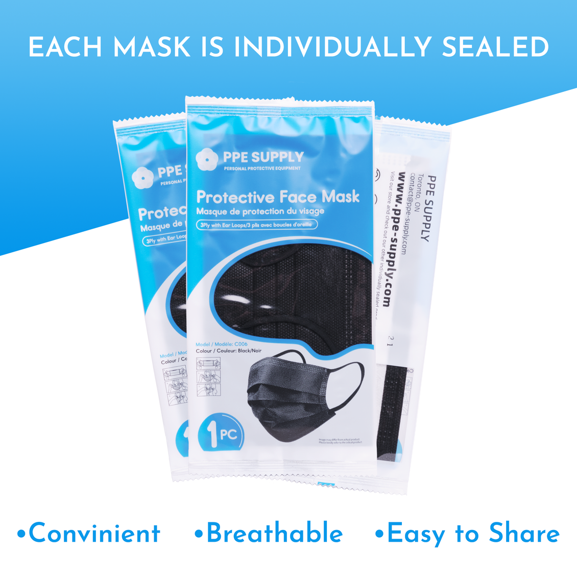 Black Disposable Face Mask Each Individually Sealed by PPE Supply (50 Masks)