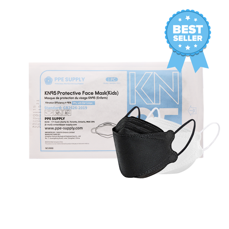 Kids KN95 Respirator Face Mask 3D shape Individually Sealed by PPE Supply (20 Masks) (Black or White)