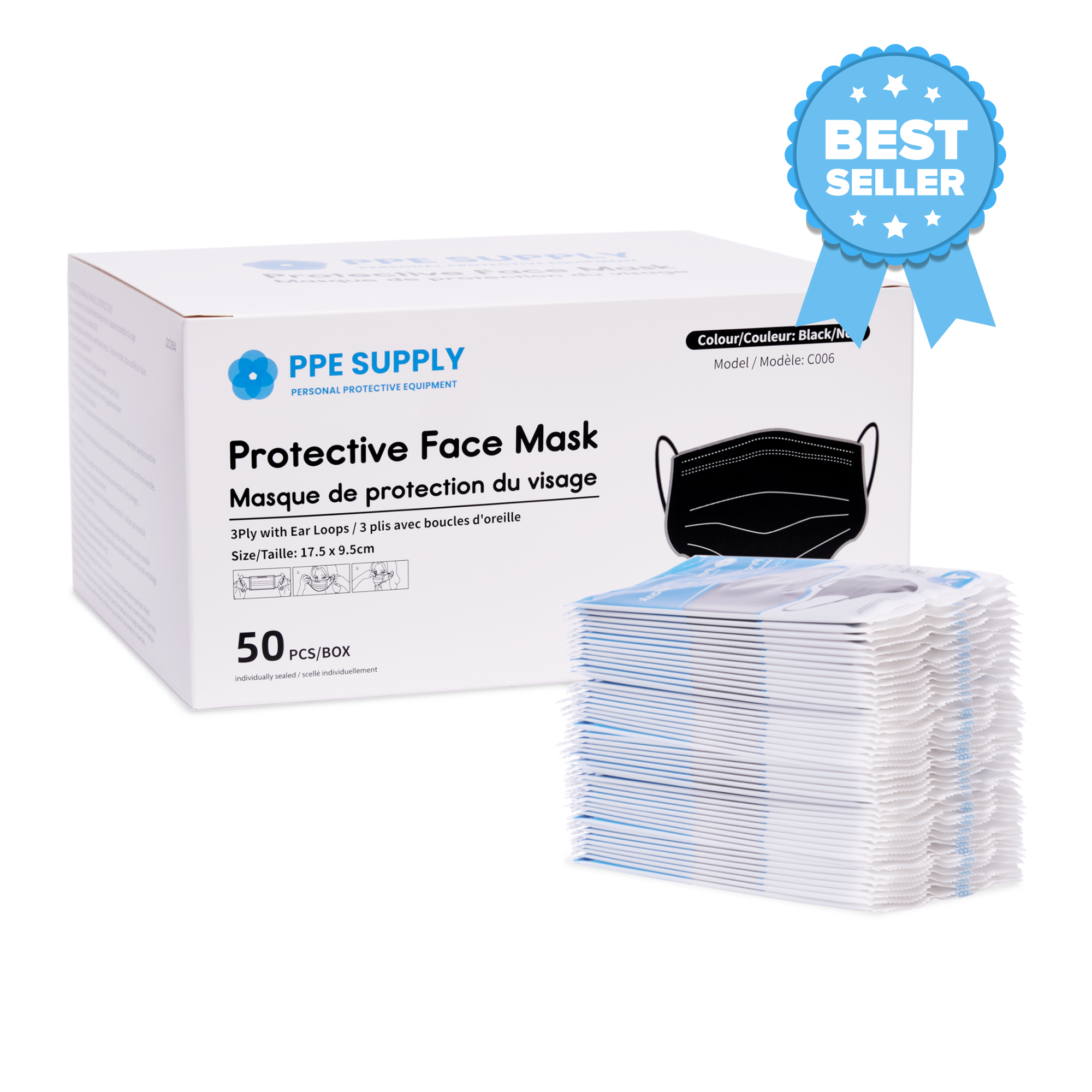 Black Disposable Face Mask Each Individually Sealed by PPE Supply (50 Masks)